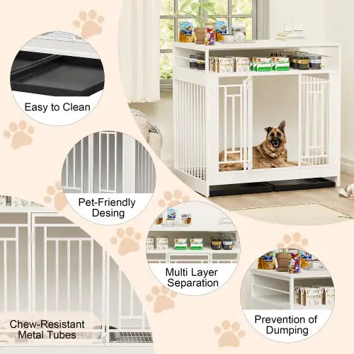 Large wooden dog kennel furniture in white with pet-friendly design and storage shelves