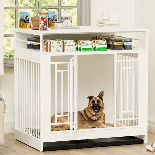 Large wooden dog kennel furniture in white with storage shelves and a German Shepherd inside