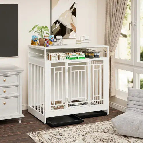 Large wooden dog kennel furniture in white with storage shelves and feeding trays in living room