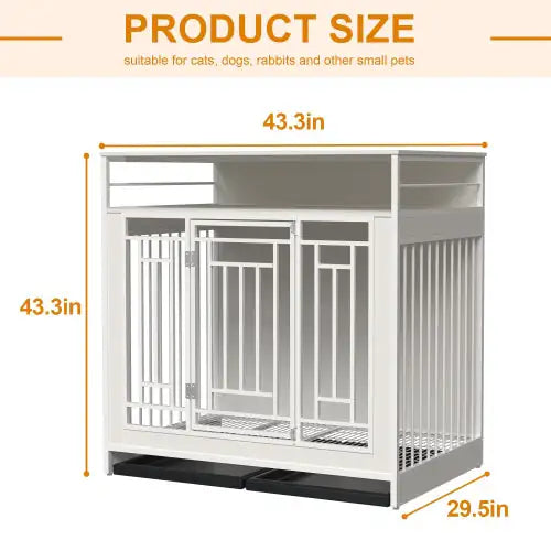 Large wooden dog kennel furniture in white with three-door design and top shelf measuring 43.3 by 29.5 inches