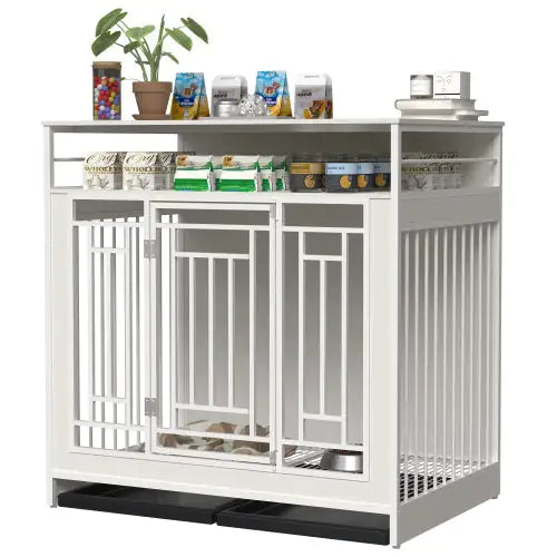 White large wooden dog kennel furniture with multiple storage compartments and sliding door