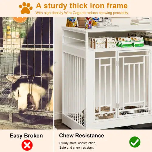 Large wooden dog kennel furniture with sturdy thick iron frame and chew-resistant metal wire cage