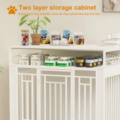 Large wooden dog kennel furniture with two layer storage cabinet for organizing dog supplies