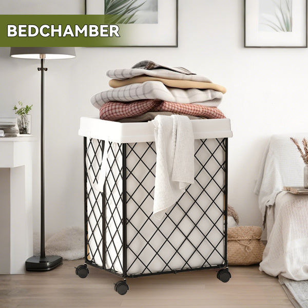 Shopi Vella laundry basket on wheels with black metal frame and fabric liner holding folded clothes