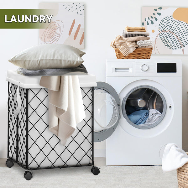 Shopi Vella laundry basket on wheels with white fabric and black metal frame in modern laundry room