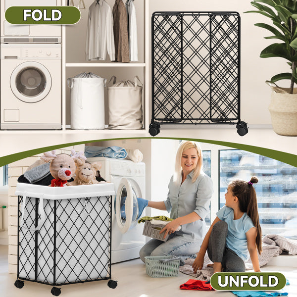 Shopi Vella laundry basket on wheels foldable metal frame with black crisscross design for easy laundry storage