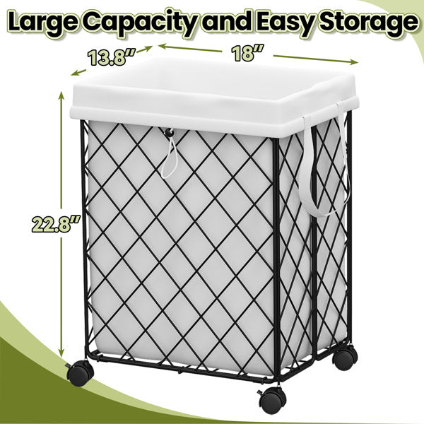 Shopi Vella laundry basket on wheels with large capacity and metal frame measuring 18 by 13.8 by 22.8 inches
