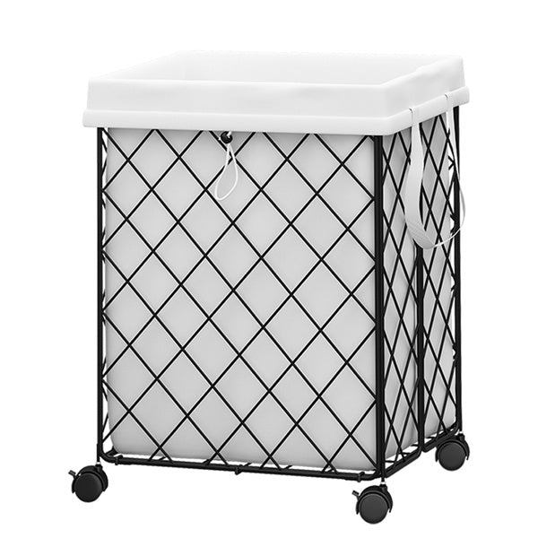 Shopi Vella laundry basket on wheels with black metal frame and white fabric liner for easy transporting