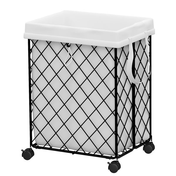 Shopi Vella laundry basket on wheels with black metal frame and white fabric liner for easy laundry transport