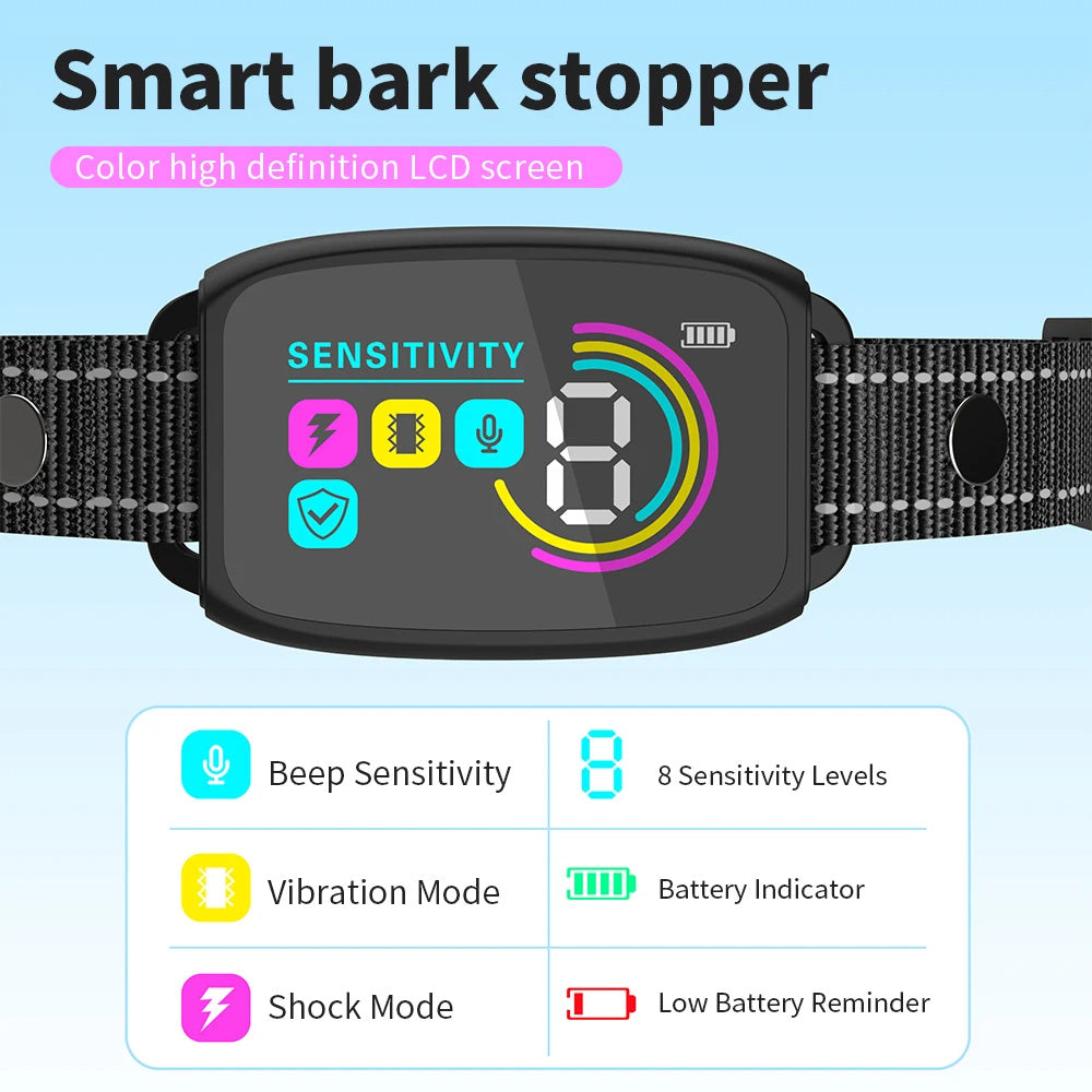 Rechargeable bark stopper for dogs with color LCD screen showing sensitivity levels and modes