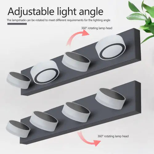 LED bathroom wall light 4 bulbs with adjustable 360 degree rotating lamp heads on a black mounting panel