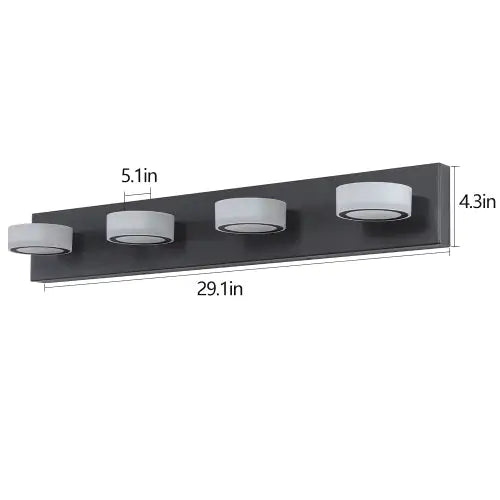 LED bathroom wall light 4 bulbs with sleek black rectangular base and frosted glass covers