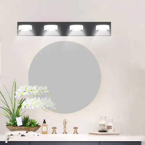 Modern LED bathroom wall light 4 bulbs with sleek black rectangular base above round mirror