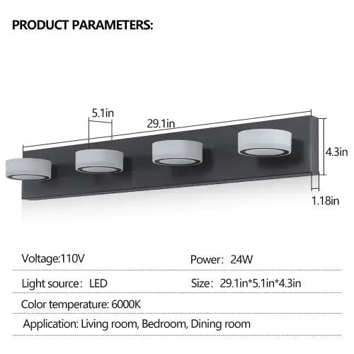 LED bathroom wall light 4 bulbs with sleek black base and frosted white shades, 29.1 inch length