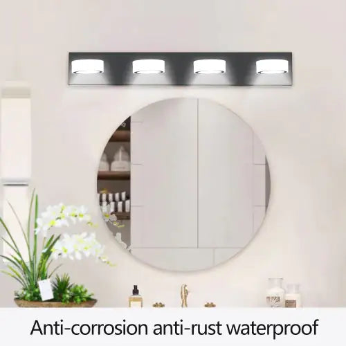 Modern LED bathroom wall light 4 bulbs with anti-corrosion and waterproof design above round mirror
