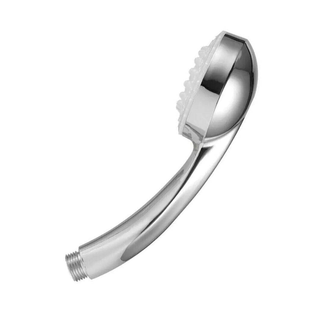 Chrome finish LED color changing shower head with ergonomic curved handle and multiple water nozzles