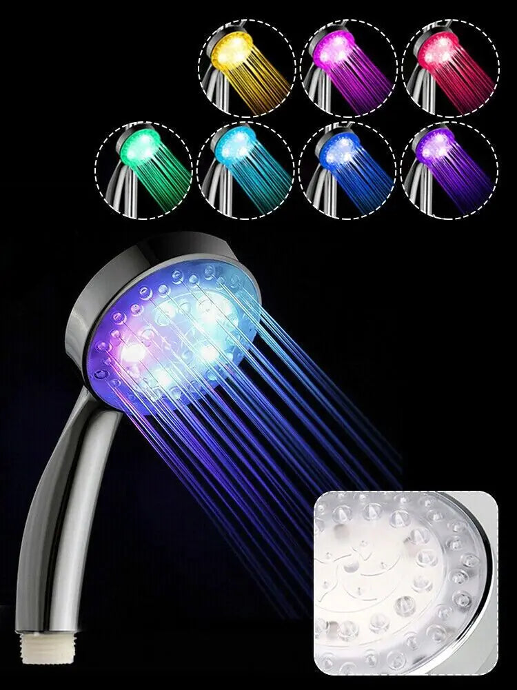 LED color changing shower head with multiple color settings and water flow in sleek chrome finish