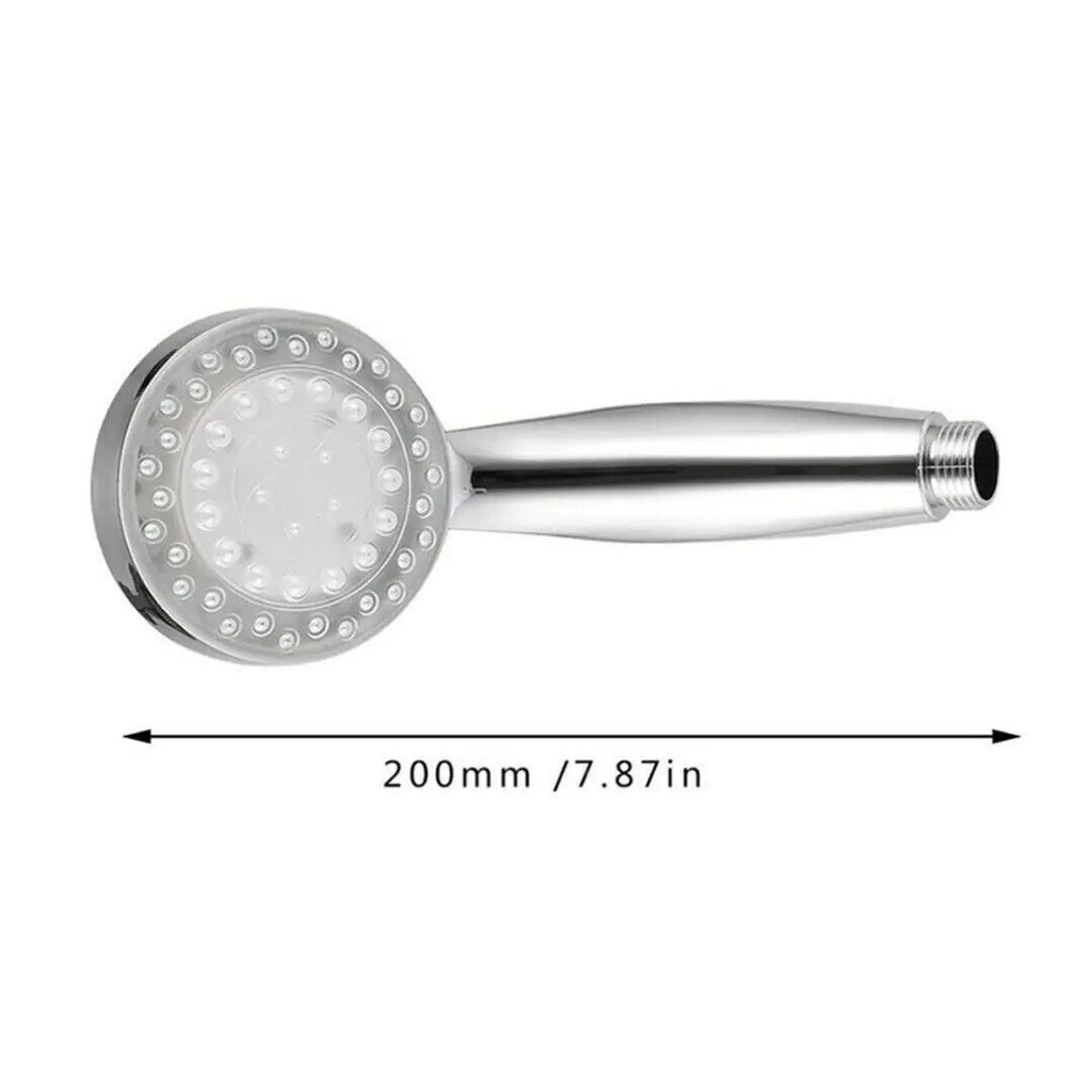LED color changing shower head in silver with 200mm length and circular nozzle design