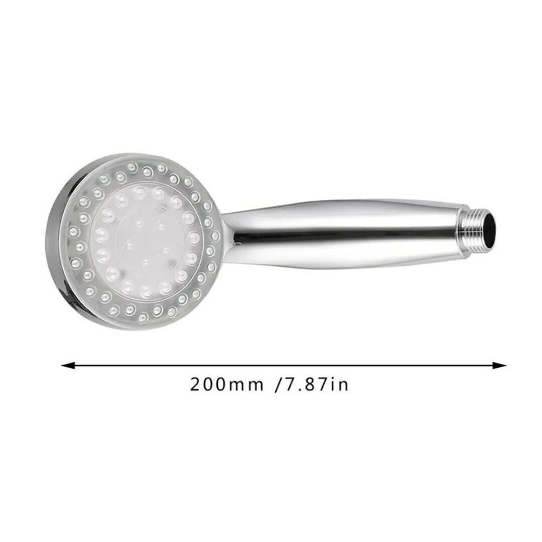 LED color changing shower head in silver with 200mm length and circular nozzle design