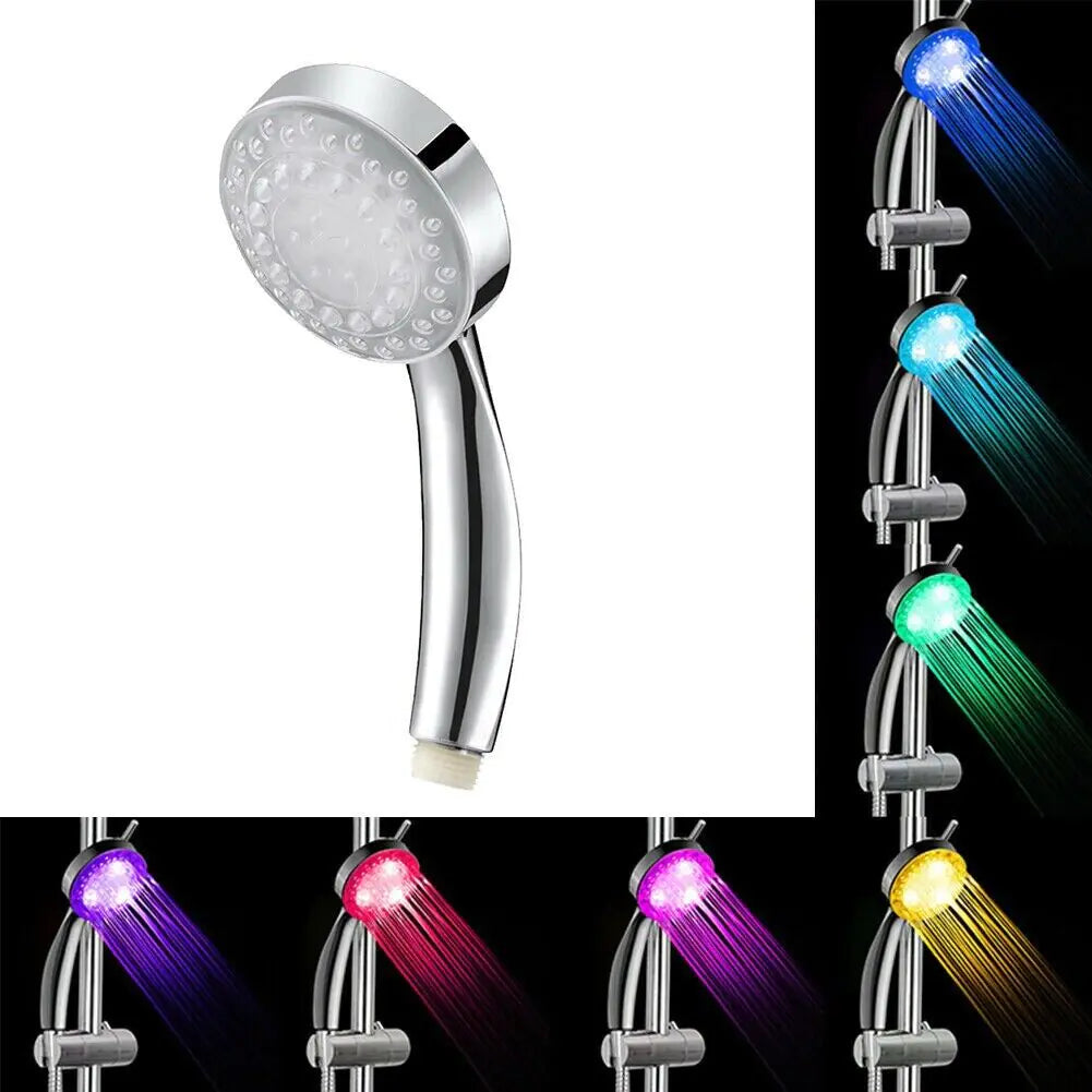 LED color changing shower head with chrome finish showing multiple vibrant color water streams