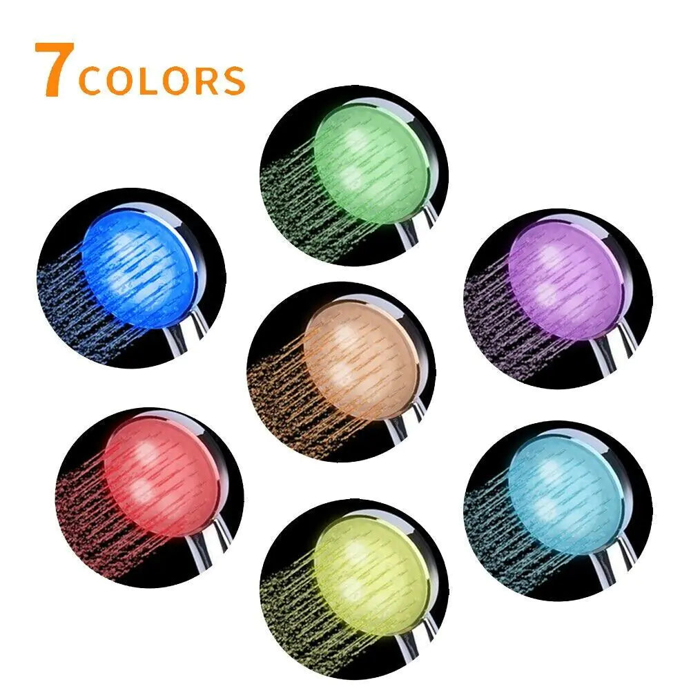 LED color changing shower head displaying seven different colors with water flow