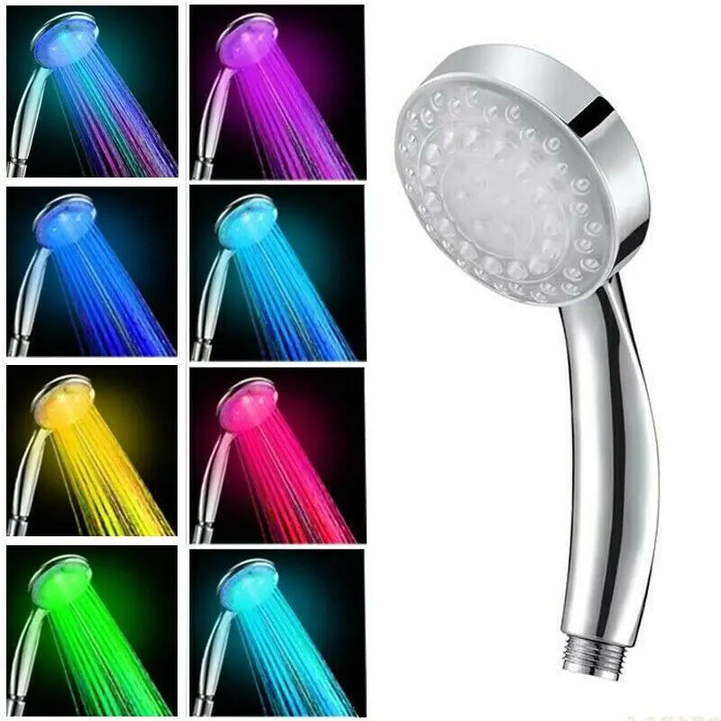 LED color changing shower head with multiple vibrant light colors and sleek chrome finish for bathroom
