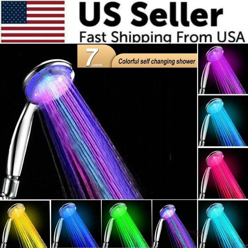 LED color changing shower head displaying vibrant colors with fast shipping from US seller