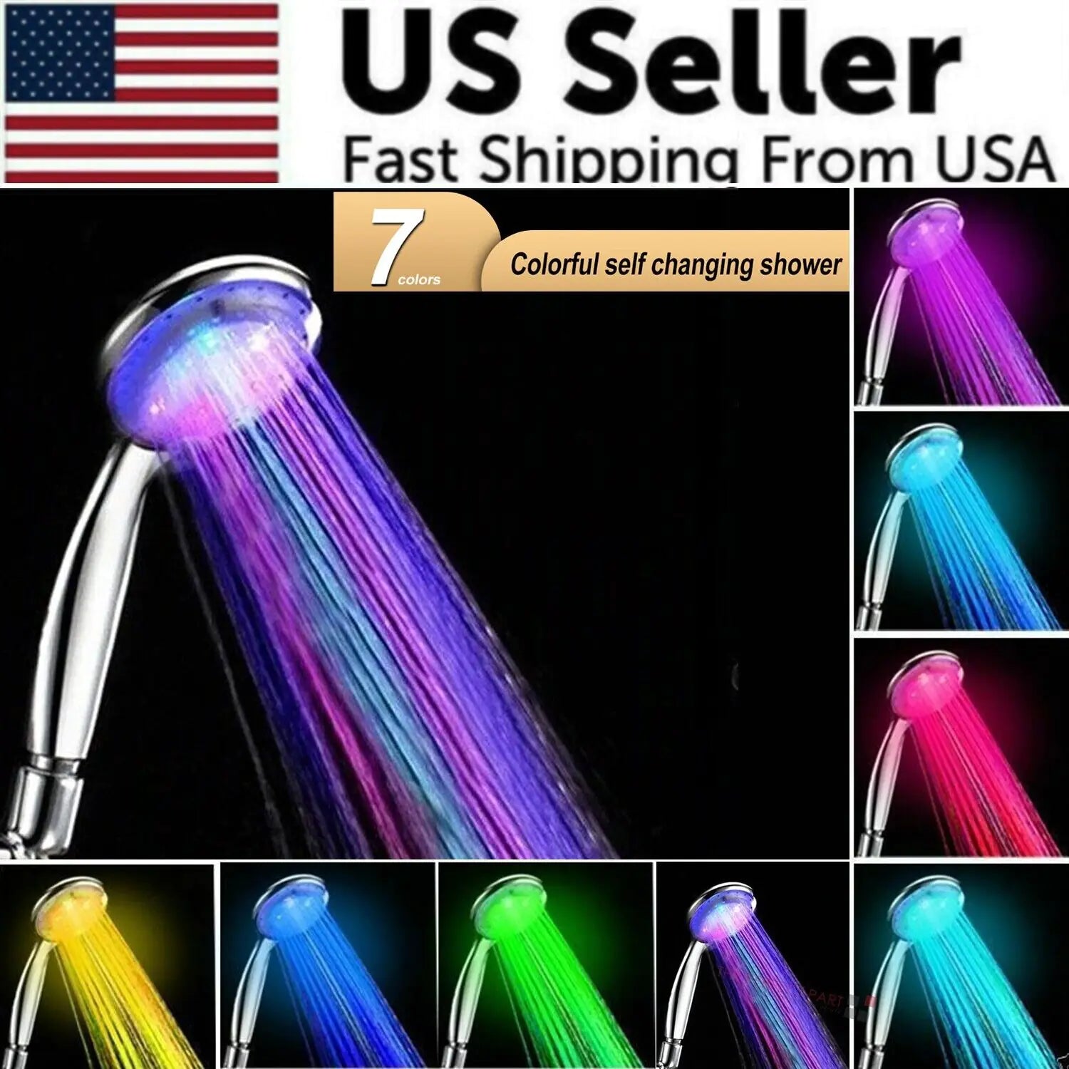 LED color changing shower head displaying vibrant colors with fast shipping from US seller