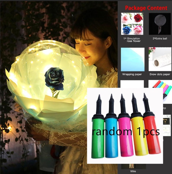 LED rose balloon bouquet with glowing lights held by woman in decorative home storage display