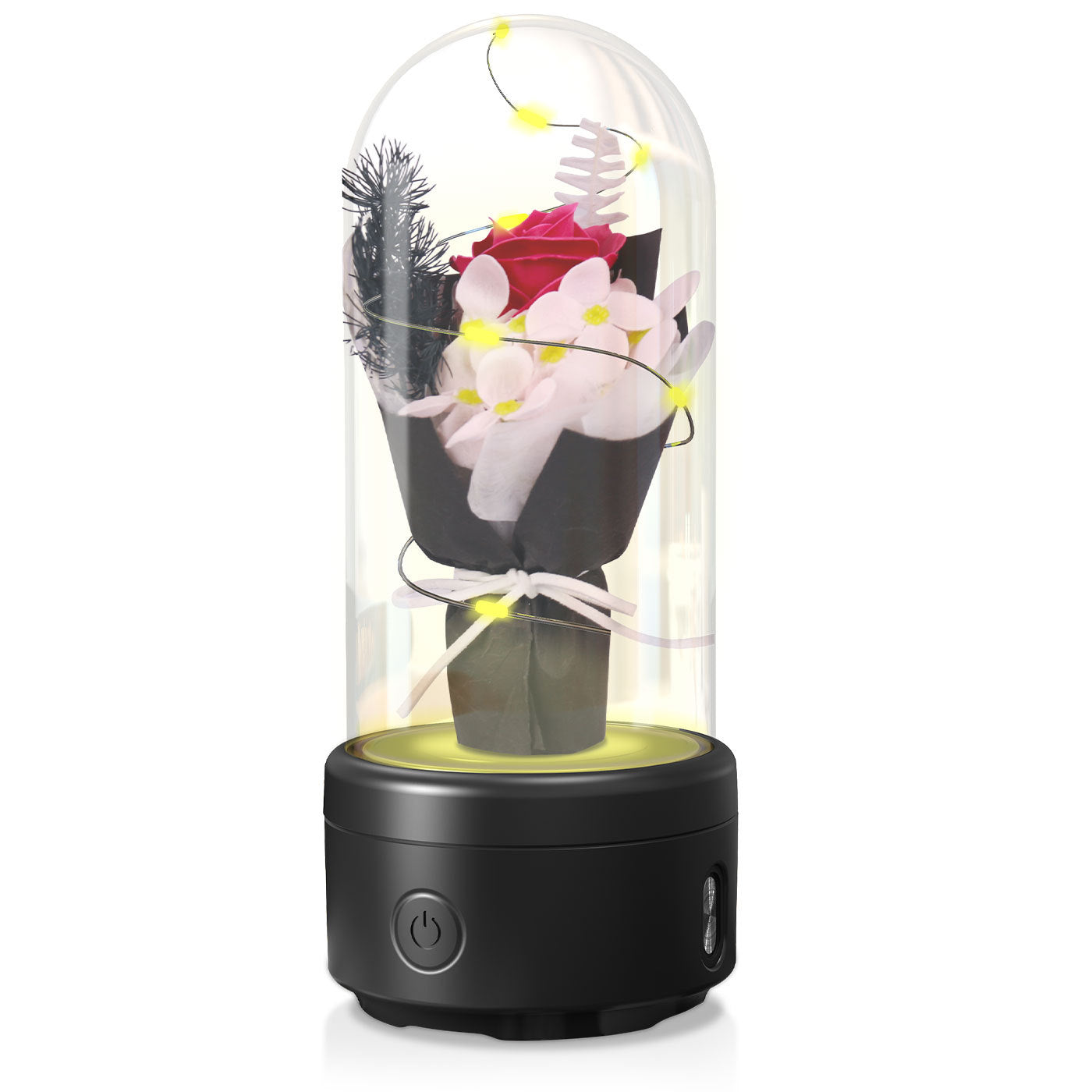 Shopi Vella LED rose night light speaker with pink flowers and decorative lights under glass dome