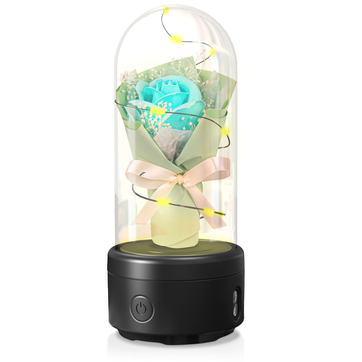 Shopi Vella LED rose night light speaker with blue artificial rose under glass dome and black base