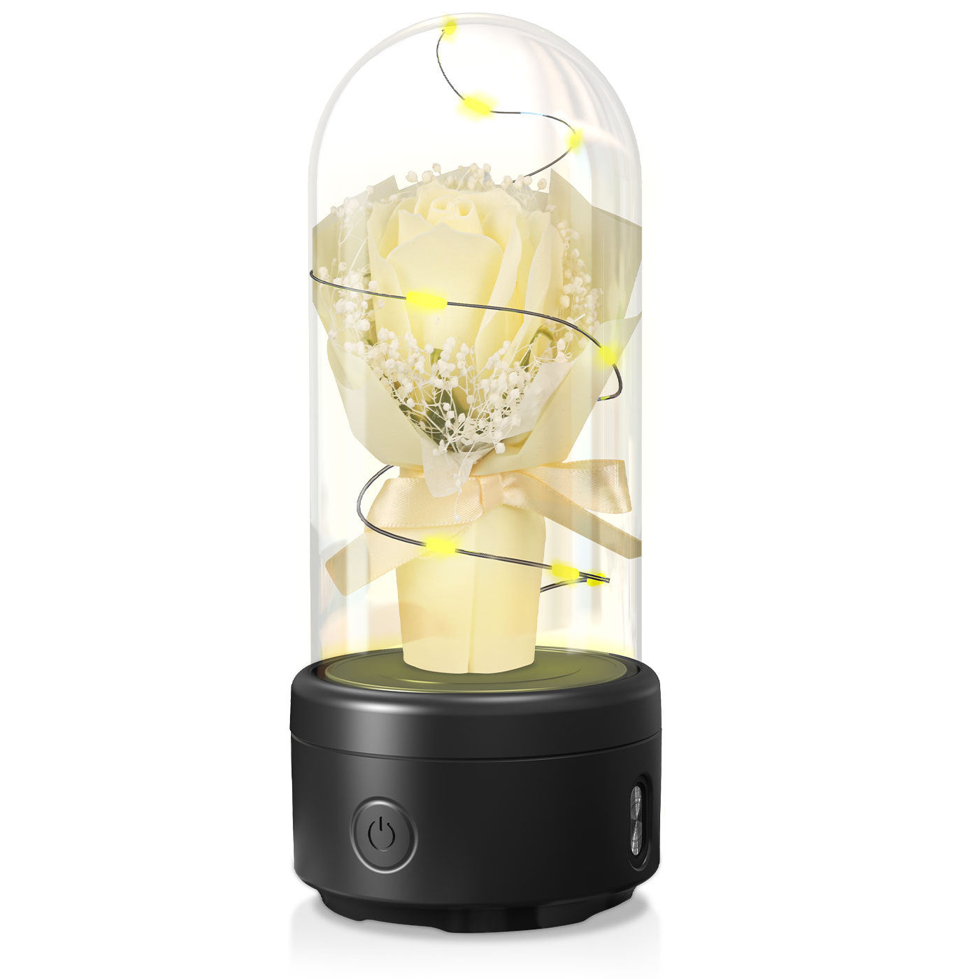 LED rose night light speaker with white rose and yellow fairy lights in clear dome design