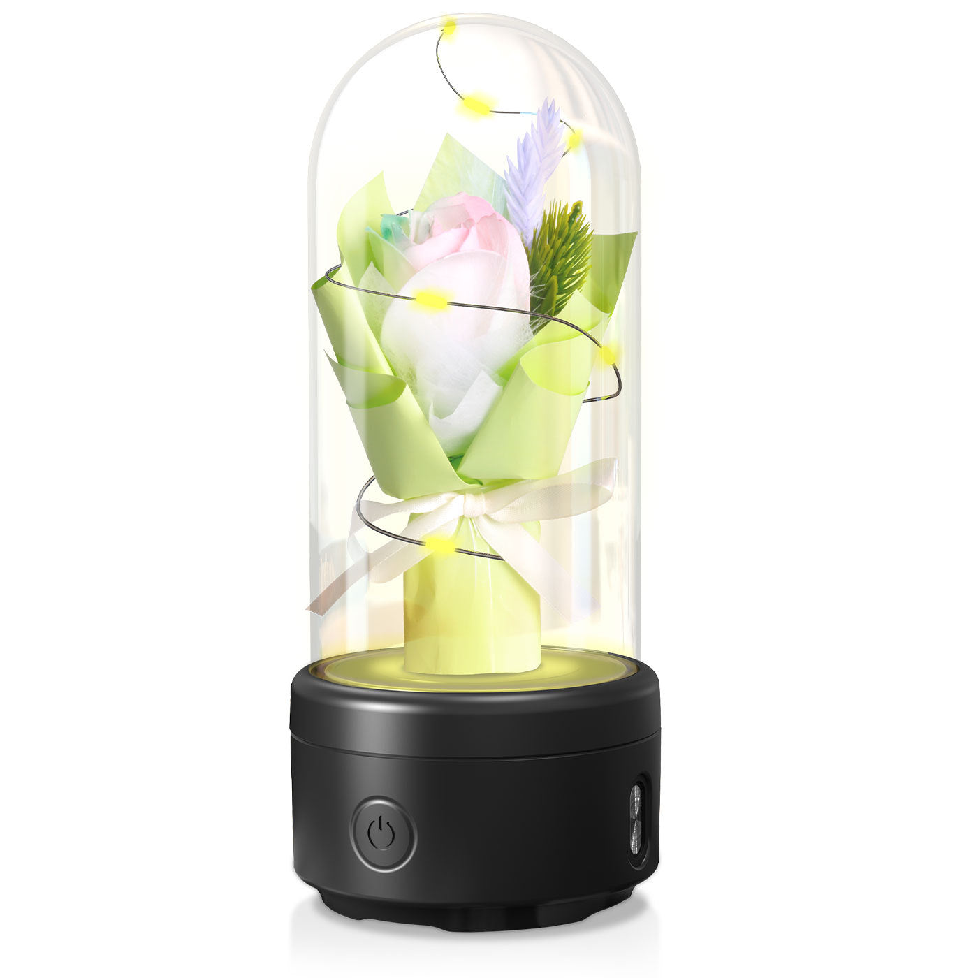 Shopi Vella LED rose night light speaker with glowing pink rose in glass dome and black base