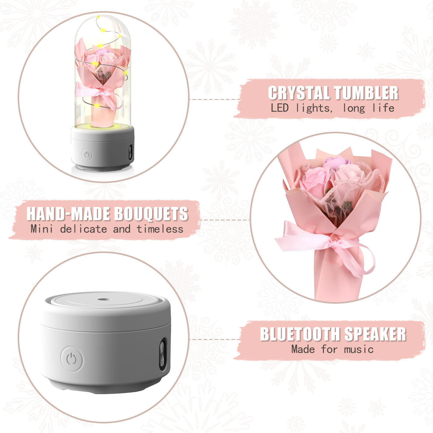 LED rose night light speaker with crystal tumbler, handmade pink rose bouquet, and Bluetooth speaker feature
