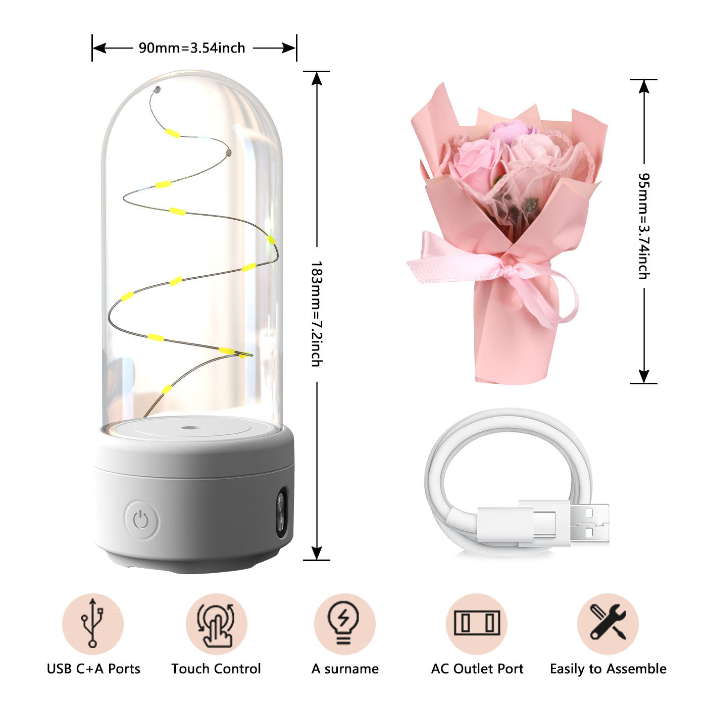 Shopi Vella LED rose night light speaker with USB and AC ports and touch control in white