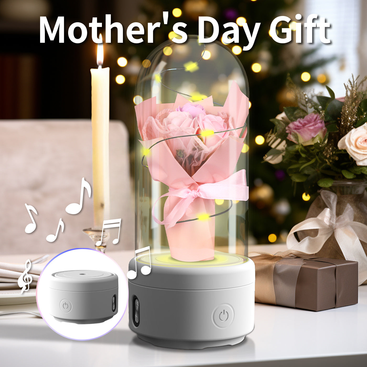 Shopi Vella LED rose night light speaker with pink rose under glass dome for home storage and Mother's Day gift