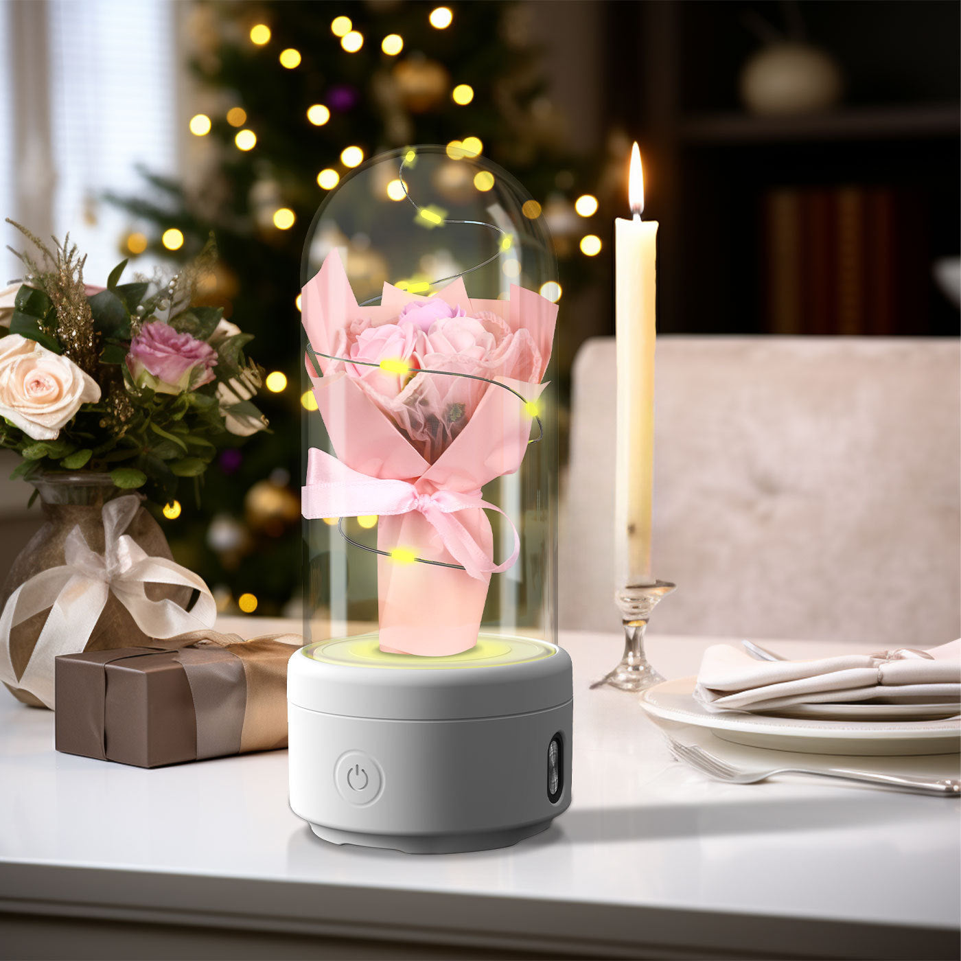 Shopi Vella LED rose night light speaker with pink rose under glass dome on white table