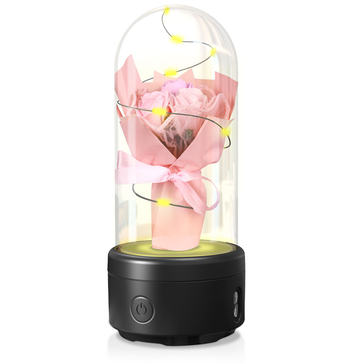 Shopi Vella LED rose night light speaker with pink flower inside glass dome and black base