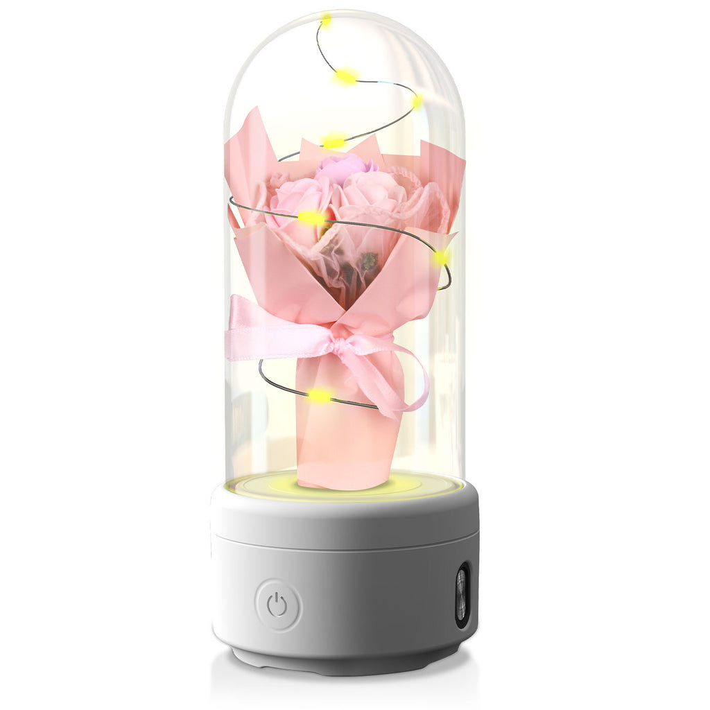 Shopi Vella LED rose night light speaker with pink artificial rose under clear glass dome