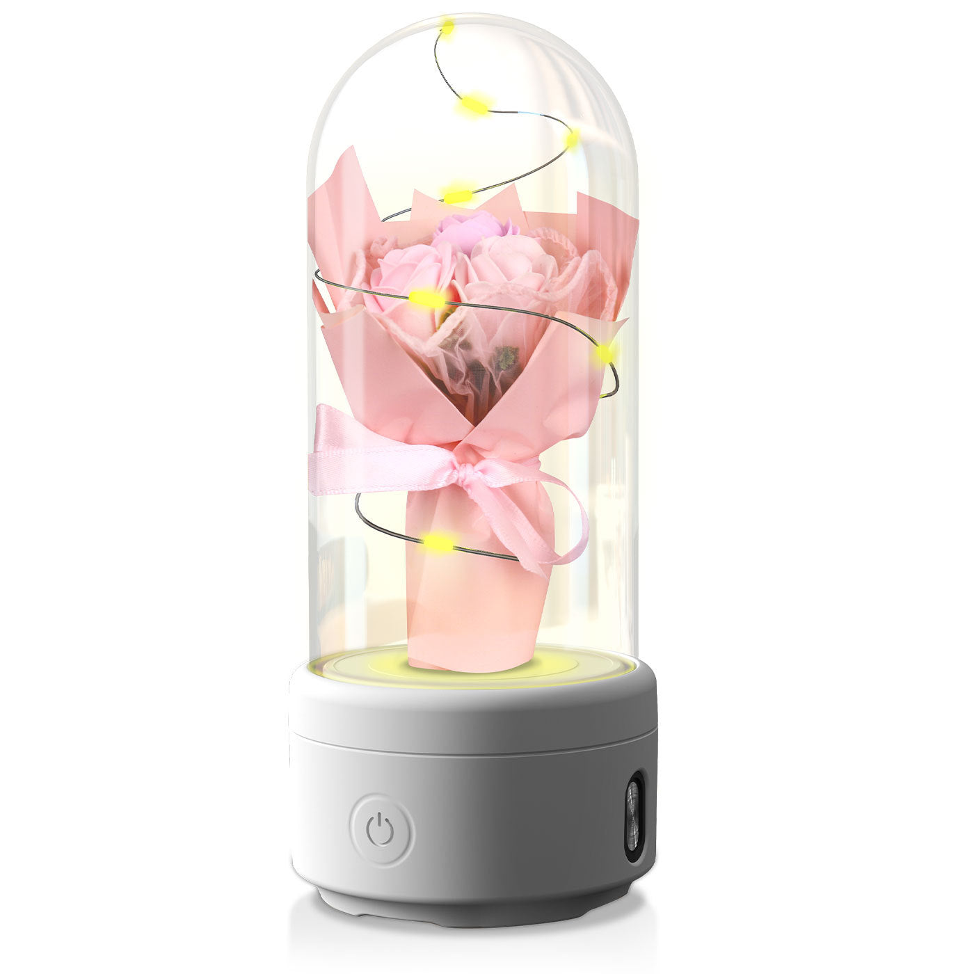 Shopi Vella LED rose night light speaker with pink rose bouquet in glass dome and soft glowing lights