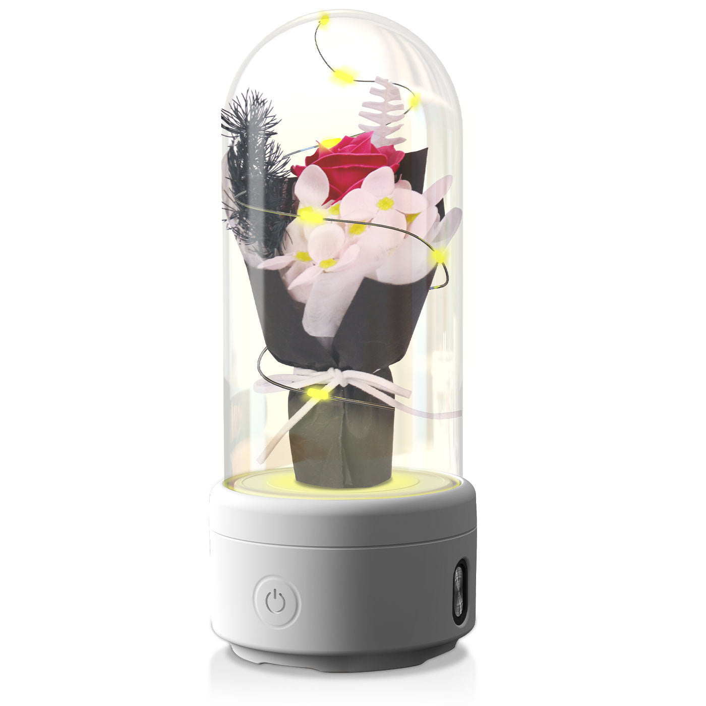 Shopi Vella LED rose night light speaker with pink flower bouquet under glass dome