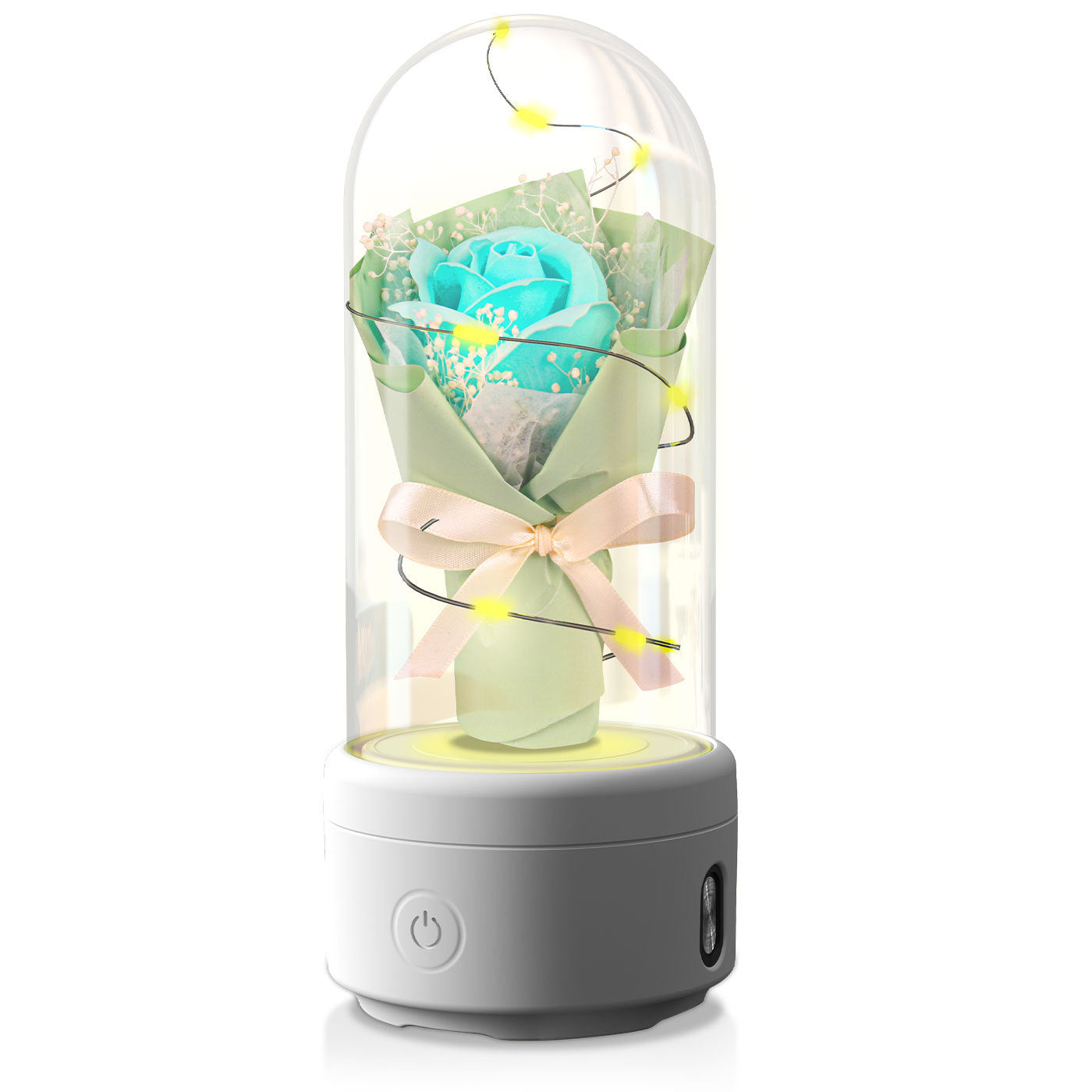 Shopi Vella LED rose night light speaker with blue rose under glass dome and soft yellow LED lights