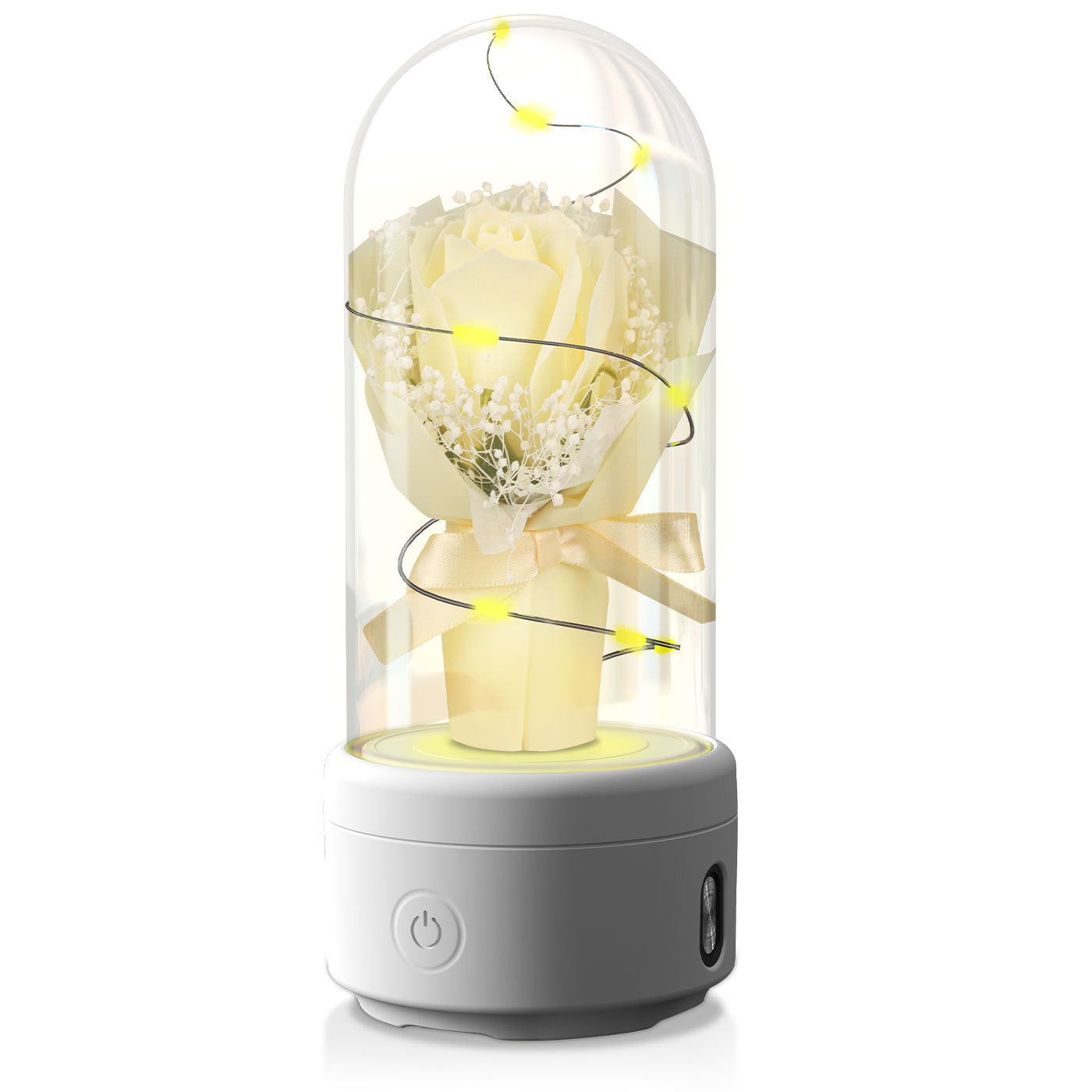 Shopi Vella LED rose night light speaker with white rose inside glass dome and soft glowing lights