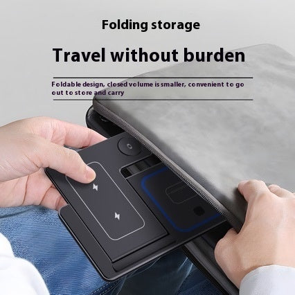 Foldable LED wireless charger stand for Airpods being placed inside a travel bag for easy storage and portability