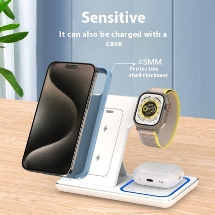 Shopi Vella LED wireless charger stand for Airpods with phone and smartwatch charging on wooden table