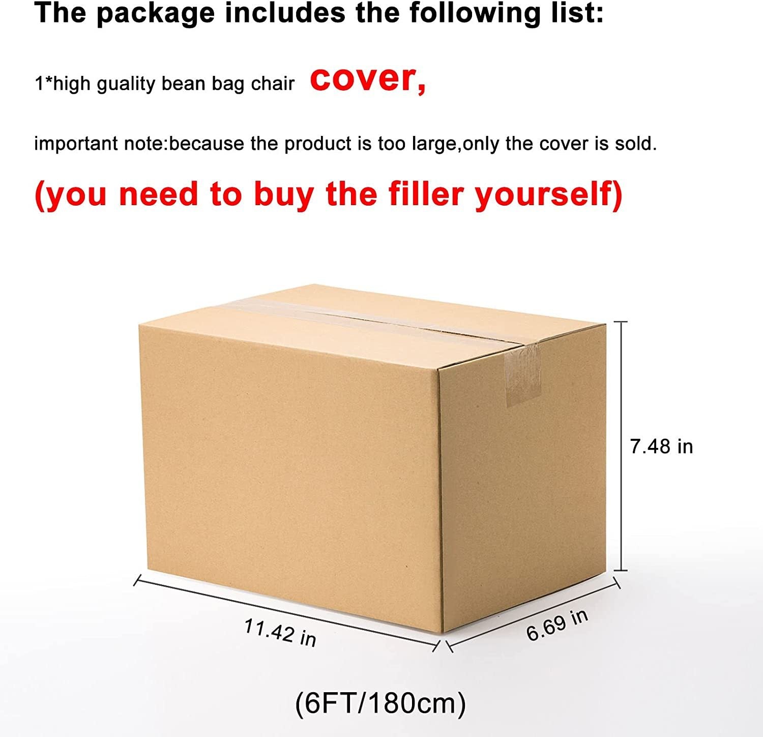 Cardboard box packaging for light grey lazy sofa chair cover by Shopi Vella measuring 6 feet