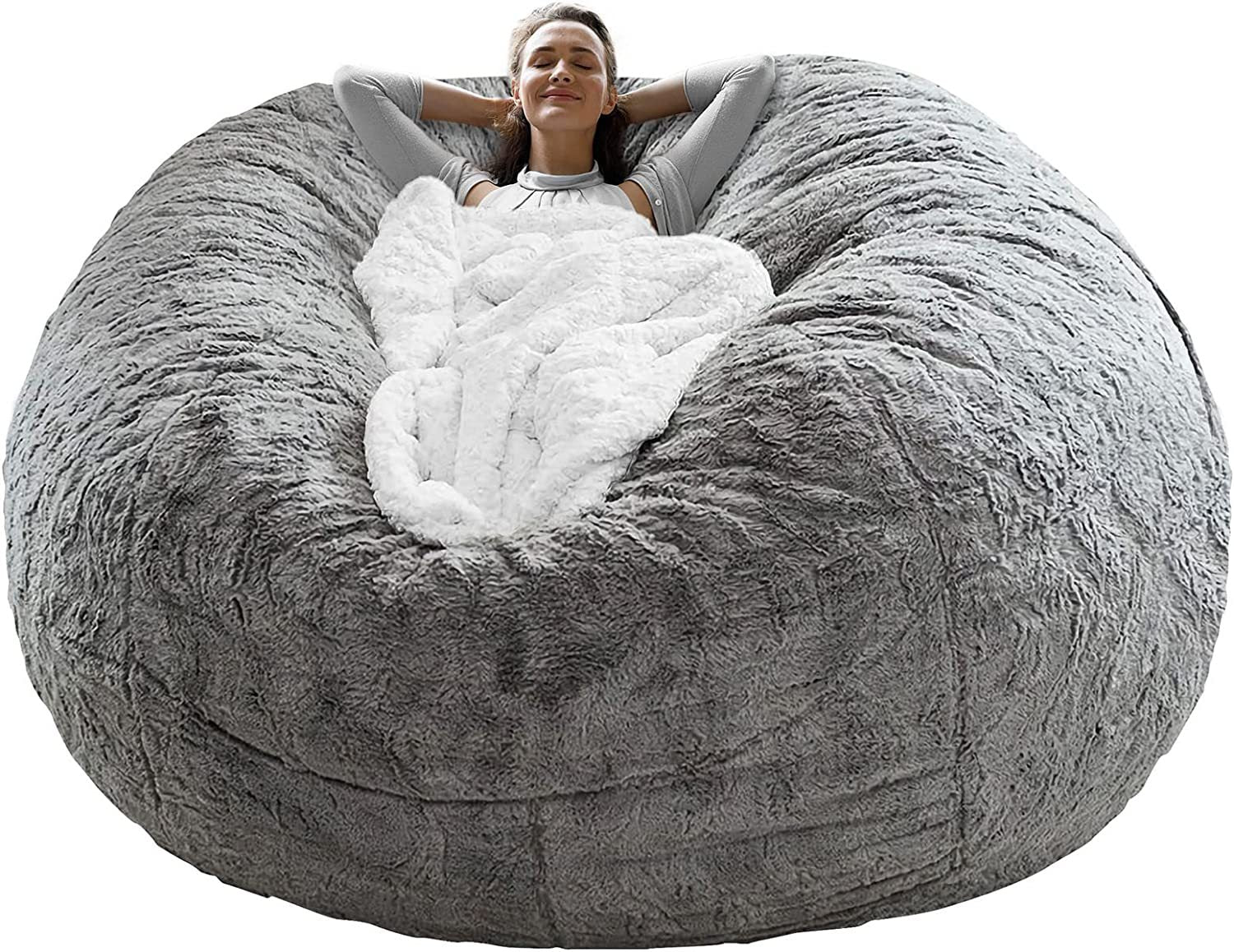 Shopi Vella light grey lazy sofa chair cover with soft plush fabric and a person relaxing inside