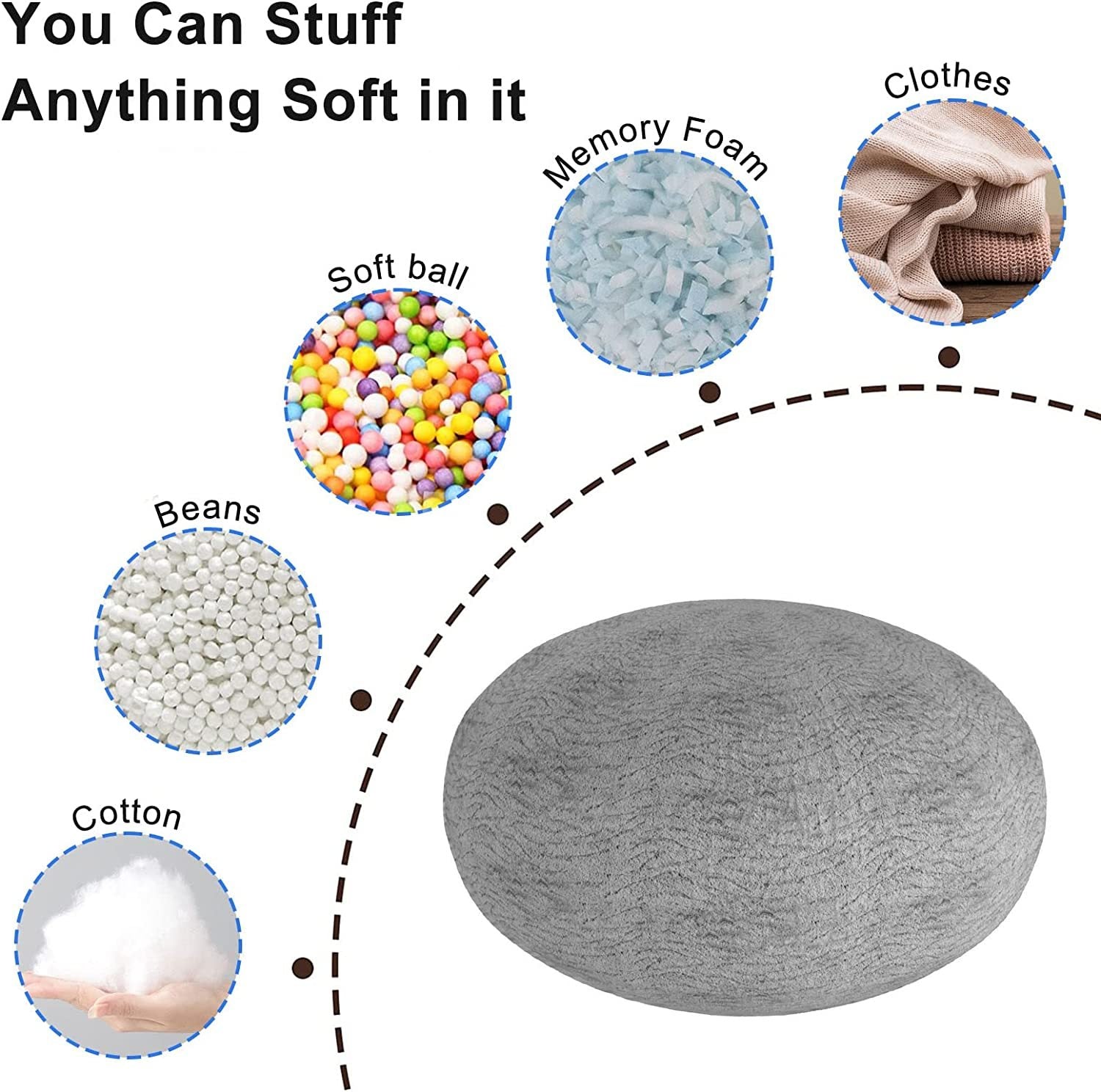 Light grey lazy sofa chair cover shown with various stuffing options like memory foam beans and cotton