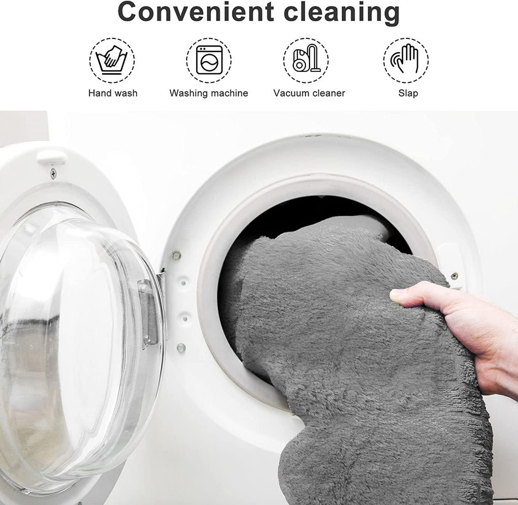 Light grey lazy sofa chair cover being placed in washing machine for convenient cleaning