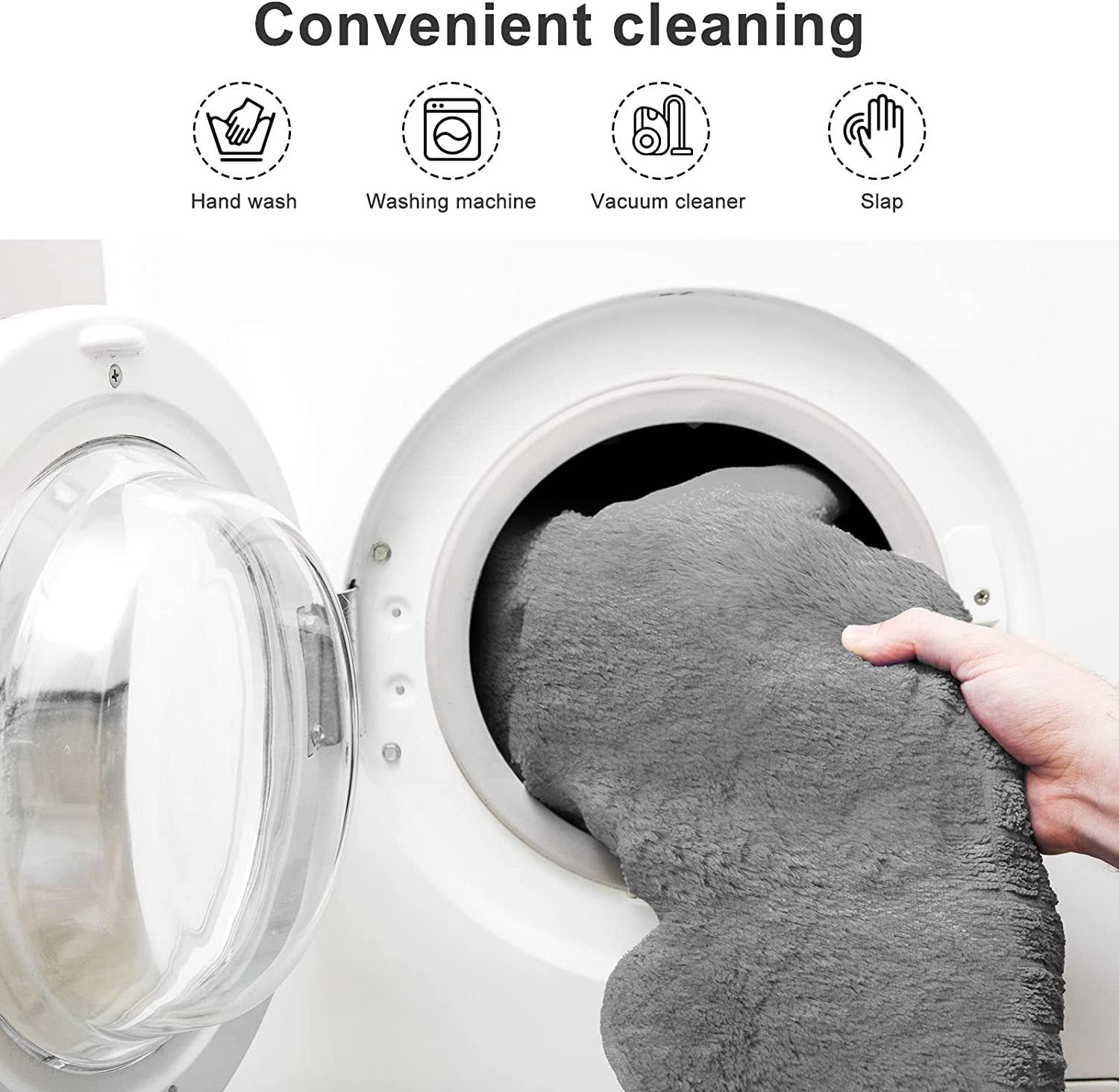 Light grey lazy sofa chair cover being placed in washing machine for convenient cleaning